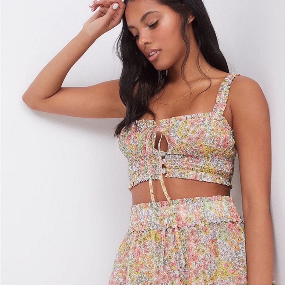 For Love and Lemons Esme Cami Crop Tank Top Pink Yellow Keyhole Floral Small